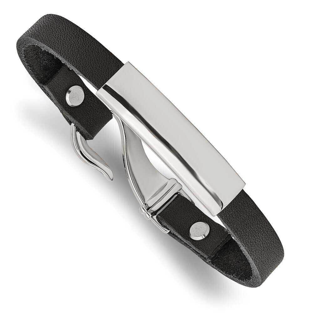 Kazi Luxury Stainless Steel Polished Black Leather 8.5in ID Bracelet